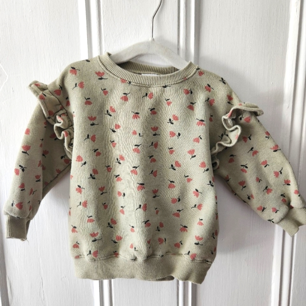 EUC ZARA Green Floral Ruffle Crew Neck Sweatshirt 6/9 Months